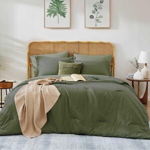 NEW 7pc Queen Comforter Set - Olive Green Cozy Bedding All Season Decorative